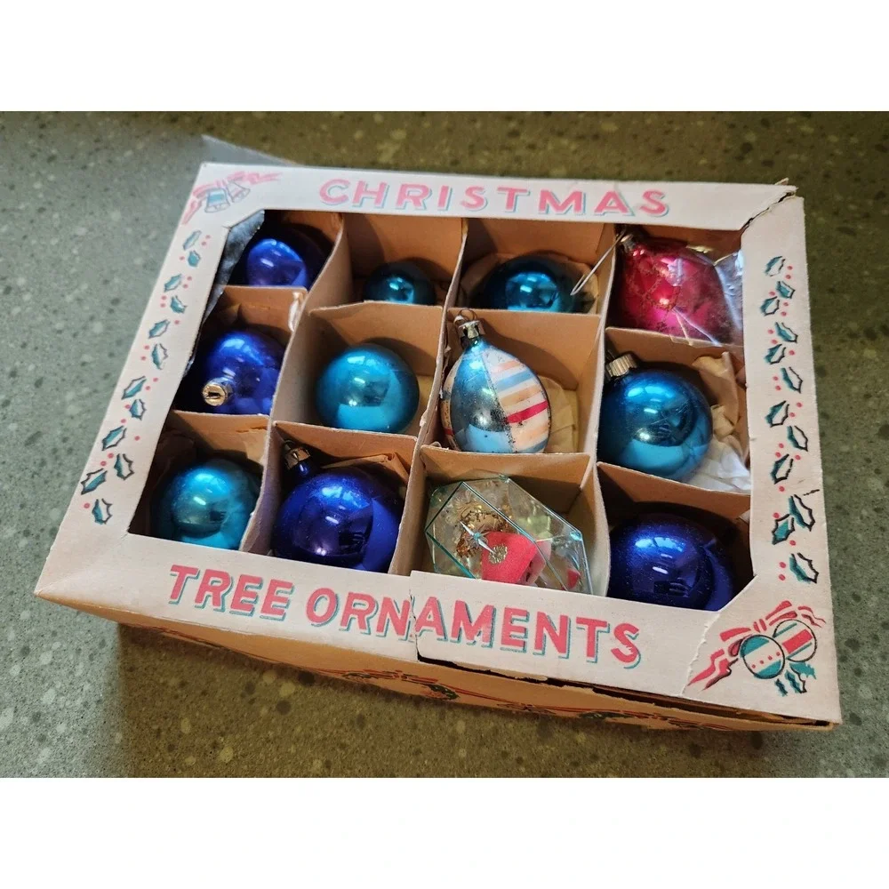 VTG Glass Bauble Christmas Ornaments, Various Lot of 12
